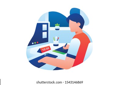 Designer Illustration. Illustrator Vector. Remote Worker Design Concept. A Man Drawing Using Pen Tablet And Computer Graphic