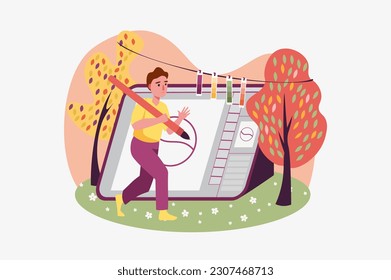 Designer - Illustrator concept with people scene in the flat cartoon design. the designer draws various illustrations on the tablet. Vector illustration.