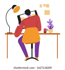 Designer or illustrator drawing on tablet at table isolated character vector. Man artist and modern technologies, desk and digital pad, creator and art. Guy in study room, artwork creation process