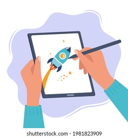 Designer illustrator draws a cute illustration on graphic tablet with pen. Hands holding tablet and stylus pen. Art creating, graphic design, digital drawing. Freelance 2D artist. Vector illustration