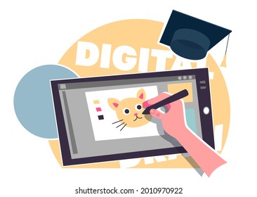 Designer illustrator draws on a graphic tablet with a screen and a pen. Vector illustration