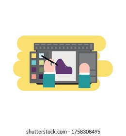 Designer illustrator draws on monoblock computer with pen. Vector illustration