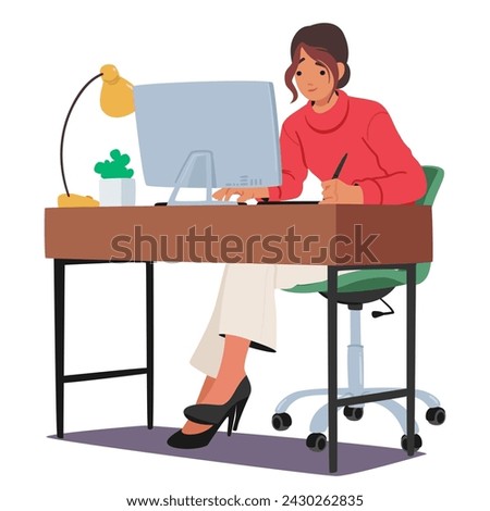 Designer Illustrator Female Character Blends Art And Technology, Crafting Visual Concepts By Hand Or Software on Pc, To Develop Ideas, Advertising or Product Design. Cartoon People Vector Illustration