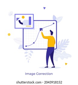 Designer or illustrator moving Bezier curve along screen. Concept of image editing and mistake correction in computer graphic design. Modern flat colorful vector illustration for banner, poster.