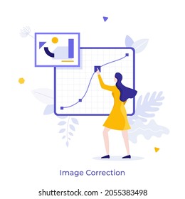 Designer Or Illustrator Moving Bezier Curve Along Screen. Concept Of Image Editing And Mistake Correction In Computer Graphic Design. Modern Flat Colorful Vector Illustration For Banner, Poster.