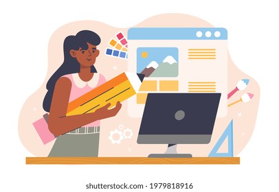 Designer illustrator at work in design studio working at computer. UI and art director, game developer. Flat abstract metaphor cartoon vector concept design. Simple art isolated on white background.
