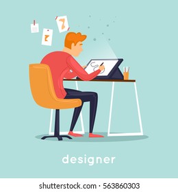 Designer Illustrator Working In The Office. Flat Vector Illustration In Cartoon Style. 