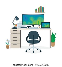 Designer or illustrator workplace. Office table with big monitor, laptop, printer, color markers, scanner, books, lamp, paper coffee cup, cactus in pot, decorative home plants and armchair. 