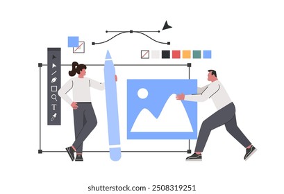 Designer illustrators working in graphic design software. Creative process of making vector illustration for web ui design. Creative agency. Flat vector illustration.