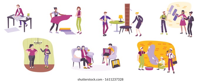 Designer interior set of flat images with human characters of clients and decorators of living spaces vector illustration