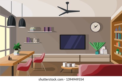 Designer interior of a spacious room with a window, a TV set, a comfortable bed and a desk. Concept design of the room in a flat style.
