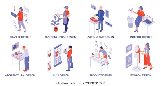 Designer isometric compositions set with people working in sphere of graphic automotive product fashion interior design isolated vector illustration