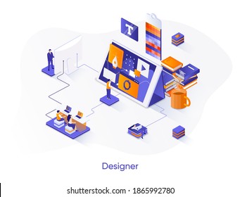 Designer isometric web banner. Website development, UI UX design isometry concept. Product branding 3d scene, creativity and ideas visualization flat design. Vector illustration with people characters