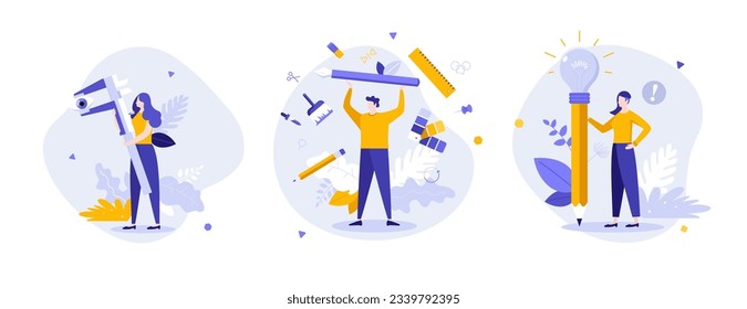 Designer job concept flat vector illustrations set. Artists with drawing tools. Artworks creators work cartoon compositions for web design. Creative idea for website, mobile, presentation