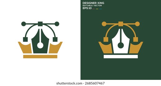 Logotipo del rey del diseñador. Corona, creativa, real, experta, gráfica. Plantilla de diseño de Vector.