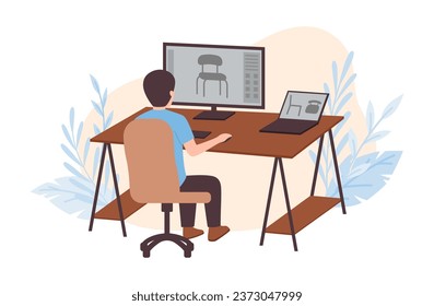 Designer make furniture design concept. Man in studio with computer and laptop constructs models of interior furniture. Cartoon flat vector illustration of furniture production process