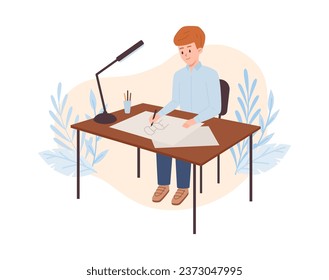 Designer make furniture design. Man draws sketch of chair, constructs models of interior furniture. Cartoon flat vector illustration of furniture production process on floral background