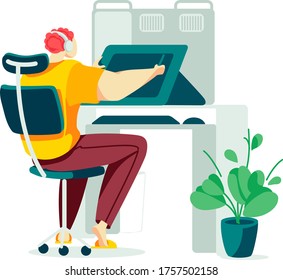 Designer male character listen music and project modern technical drawing, man sitting freelance workspace isolated on white, cartoon vector illustration. Art professional operate home workplace.