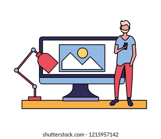designer man with mobile computer