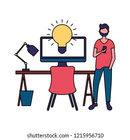 designer man with mobile computer workplace