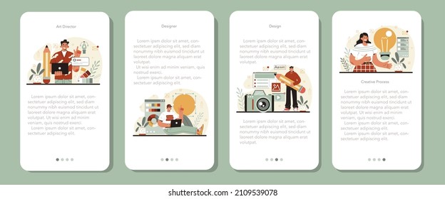 Designer mobile application banner set. Art director working on media content. Creative process, digital drawing and design for product promotion. Flat illustration vector