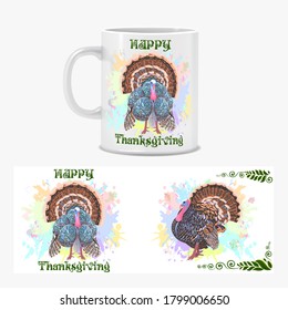 Designer mug as a gift. Colored ornament typography. A turkey with the inscription Happy Thanksgiving.