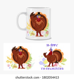 Designer mugs as a gift. Colored ornament typography.
Cartoon character turkey with Happy Thanksgiving inscription.