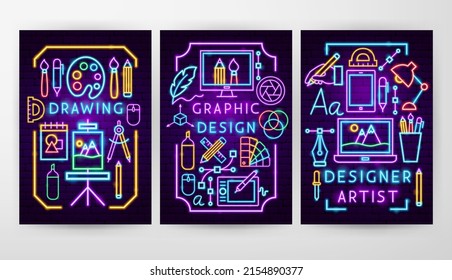 Designer Neon Flyer Concepts. Vector Illustration of Graphics Promotion.