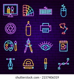 Designer Neon Icons. Vector Illustration of Art Promotion.