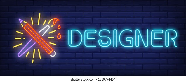 Designer Neon Text With Shining Crossed Pencil And Brush. Painting And Art Supplies Design. Night Bright Neon Sign, Colorful Billboard, Light Banner. Vector Illustration In Neon Style.