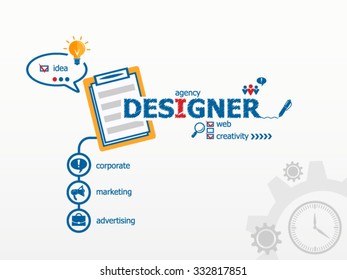 Designer and notebook for efficiency, creativity, intelligence. Hand writing Designer with blue marker