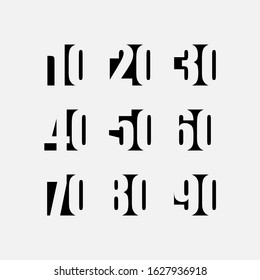 Designer number template set. Numbers multiple of ten. Vector illustration.