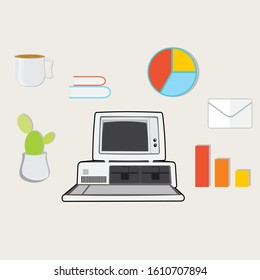 Designer office workspace with tools and devices in modern flat style. Creative process, logo and graphic design, design agency. Top view banners with buttons