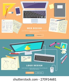 Designer office workspace with tools and devices in modern flat style. Creative process, logo and graphic design, design agency. Top view banner