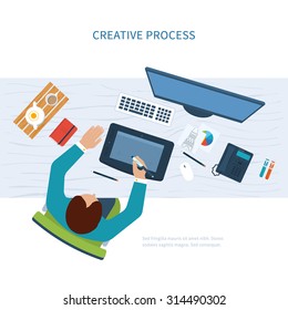 Designer office workspace with tools and devices. Creative process, logo and graphic design, design agency. Top view banner