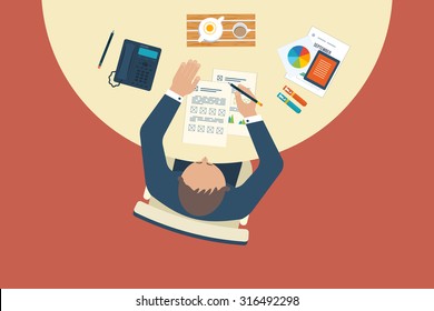 Designer office workspace with tools and devices. Creative process, logo and graphic design, design agency. Top view banner