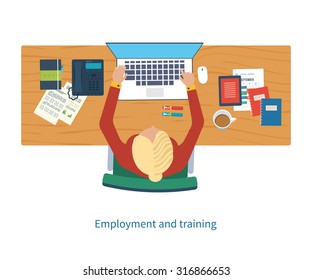 Designer office workspace with tools and devices. Creative process, logo and graphic design, design agency. Top view banner