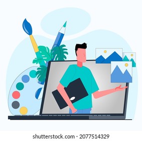 Designer on laptop screen shows pictures in design studio