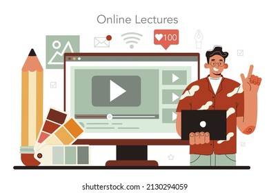 Designer Online Service Or Platform. Art Director Working On Media Content. Creative Process, Design For Product Promotion. Online Lecture. Flat Illustration Vector