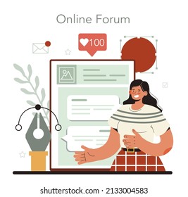 Designer Online Service Or Platform. Art Director Working On Media Content. Creative Process, Design For Product Promotion. Online Forum. Flat Illustration Vector