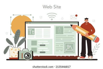 Designer Online Service Or Platform. Art Director Working On Media Content. Creative Process, Design For Product Promotion. Website. Flat Illustration Vector