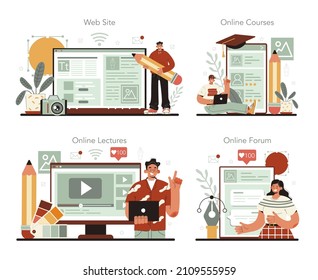 Designer Online Service Or Platform Set. Art Director Working On Media Content. Creative Process, Design For Product Promotion. Online Course, Forum, Lecture, Website. Flat Illustration Vector