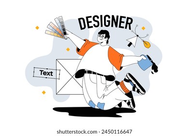 Concepto moderno de Web de contorno de diseñador en diseño de línea plana. Hombre trabajando con paleta de colores y texto para proyectos creativos digitales. Ilustración vectorial para el Anuncio de medios sociales, material de marketing.