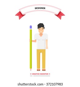 Designer person man. Creative inventor. Architect person, office worker illustration