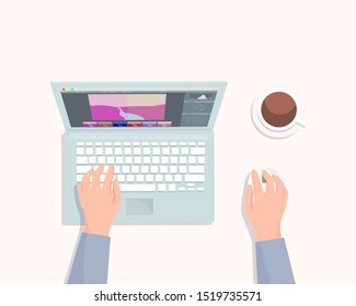 Designer or photographer working process top view. Hands using hot keys, keyboard shortcuts for fast editing photography. Professional editing photos on laptop, graphic editor