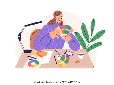 Diseñador escogiendo color para el diseño, eligiendo color coincidente con paletas, esquemas, ruedas. Mujer colorista, estilista, chica creativa en el trabajo. Ilustración vectorial plana aislada en fondo blanco