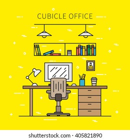 Designer place with furniture (lamp, desktop, table, shelves, books) line art vector illustration. Working space creative line art concept. Modern office interior graphic design. Home working place.