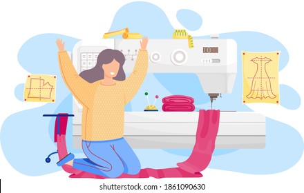 Designer is planning a model of clothes. A seamstress works with sewing machine in a studio for tailoring to order. Girl sits on her knees and joyfully raises her hands up. Woman with a piece of cloth