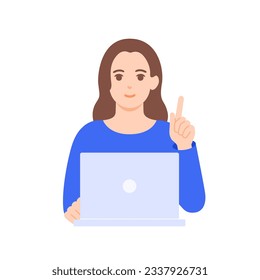 Designer pointing finger in front of computer. A woman who seems to have gotten some hint. Vector illustration material.