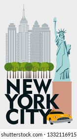 Designer Poster New York. Callage skyscrapers, Central Park, taxi, Statue of Liberty. Vector drawing svg